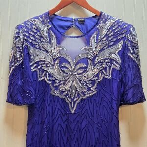Vintage Dress Womens Large Blue Sequin Beaded Short Sleeve Shift Knee Length